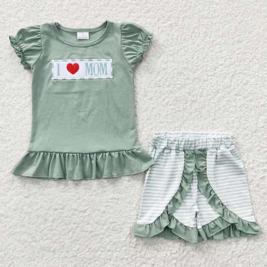 I love mom baby girls ruffle summer outfit ,mothers day boutique set