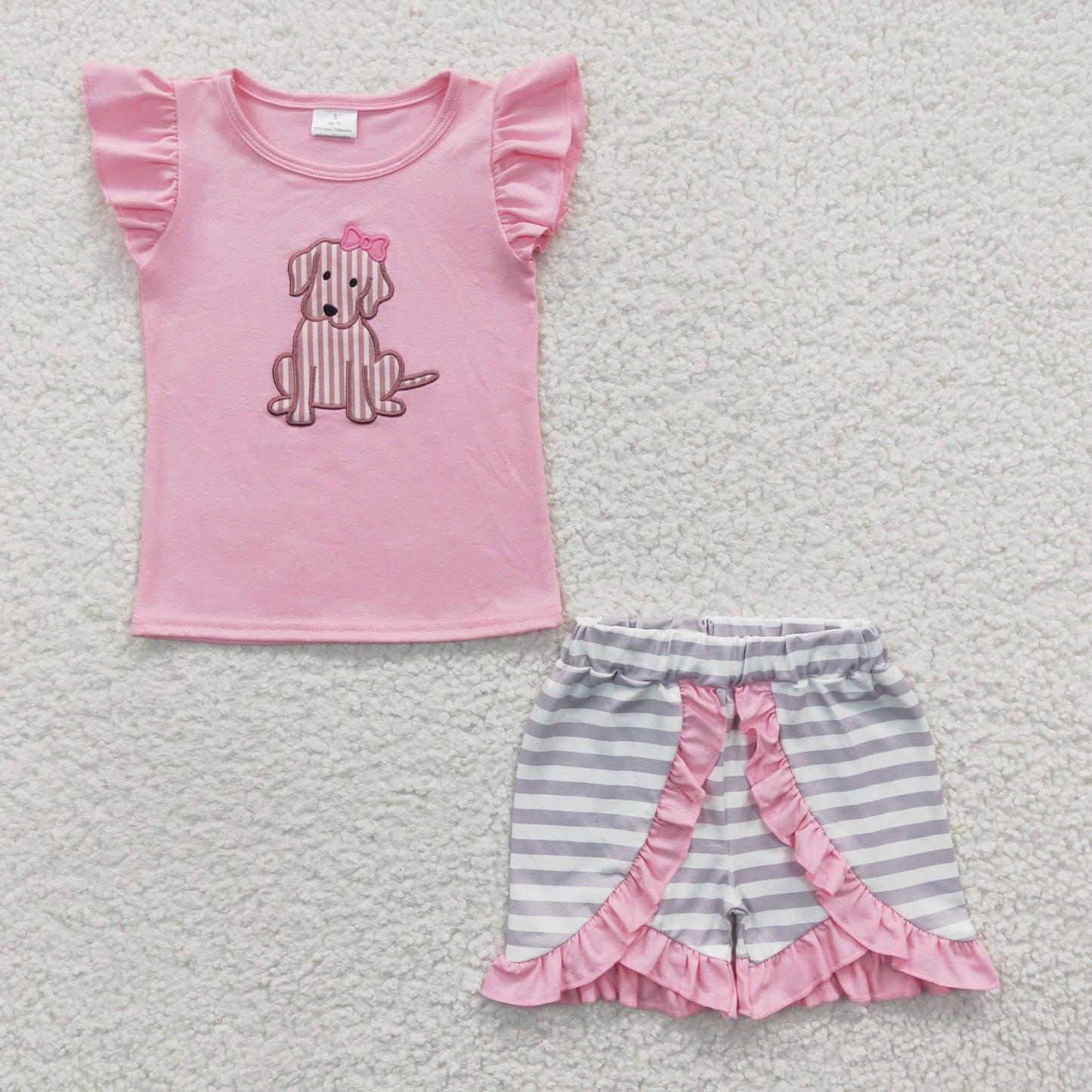 Embroidery cute dog 2pcs pink boutique outfit