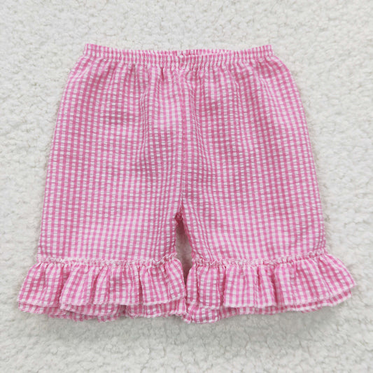 girls pink plaid ruffle seersucker shorts