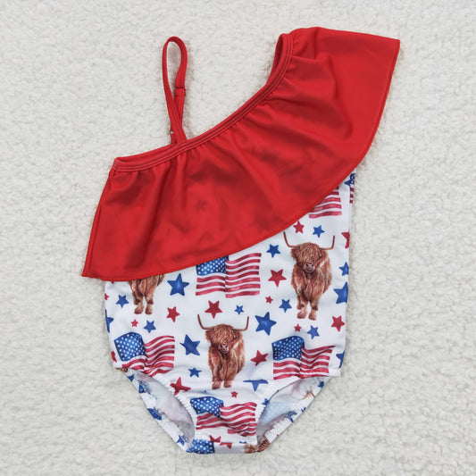 wholesale price July 4th highland cow summer bathing suit swimming suit, 6-12 to 7-8t