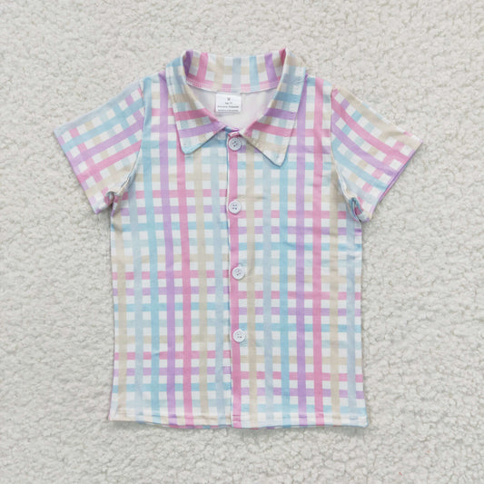 boy short sleeve rainbow plaid button up shirt