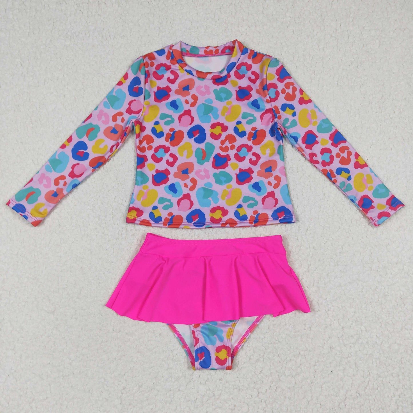 colorful cheetah long sleeve top 2pcs bathing suit,  S0062