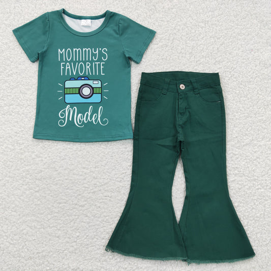 girls short sleeve top green denim bell bottoms 2pcs set