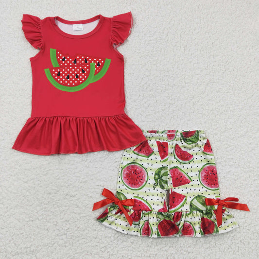 baby girls summer watermelon ruffle summer outfit ,GSSO0191