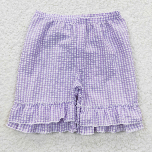 girls lavender plaid ruffle seersucker shorts