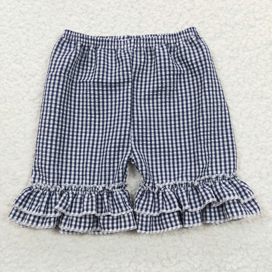 girls navy blue plaid ruffle seersucker shorts