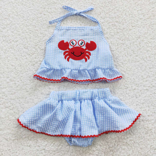 baby girls 2pcs embroidery  crab design seersucker outfit