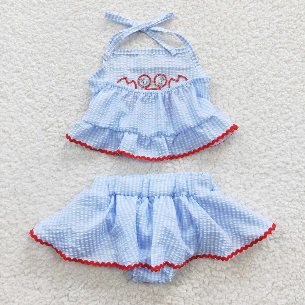 baby girls 2pcs embroidery  crab design seersucker outfit