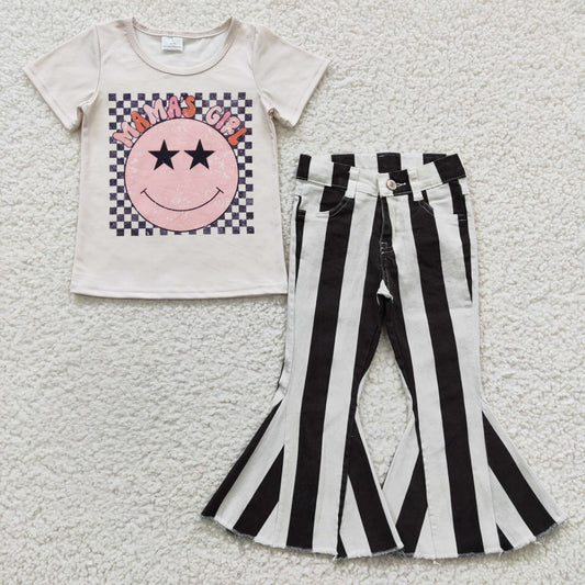 Mamas girl short sleeve top black stripes denim pants set