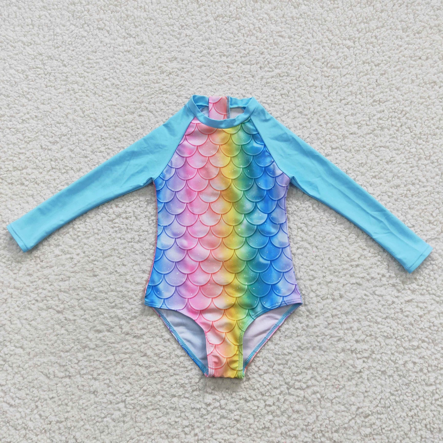 one piece fish scale long sleeve swimming suit