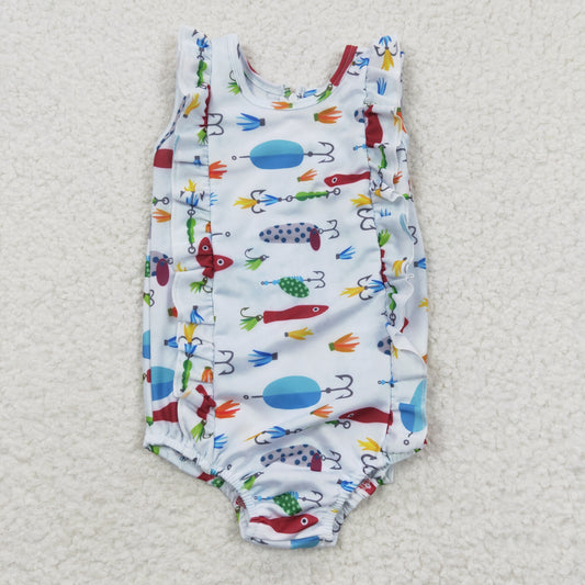 girls fishing print bathing suit,  S0043