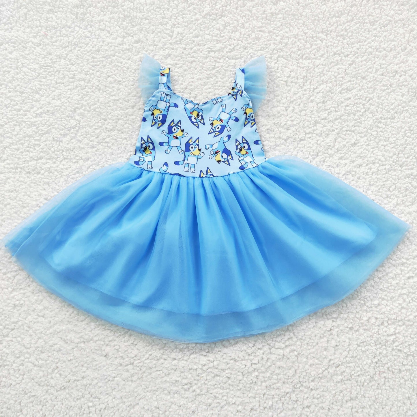 Baby girls short sleeve blue dog cartoon tulle dress