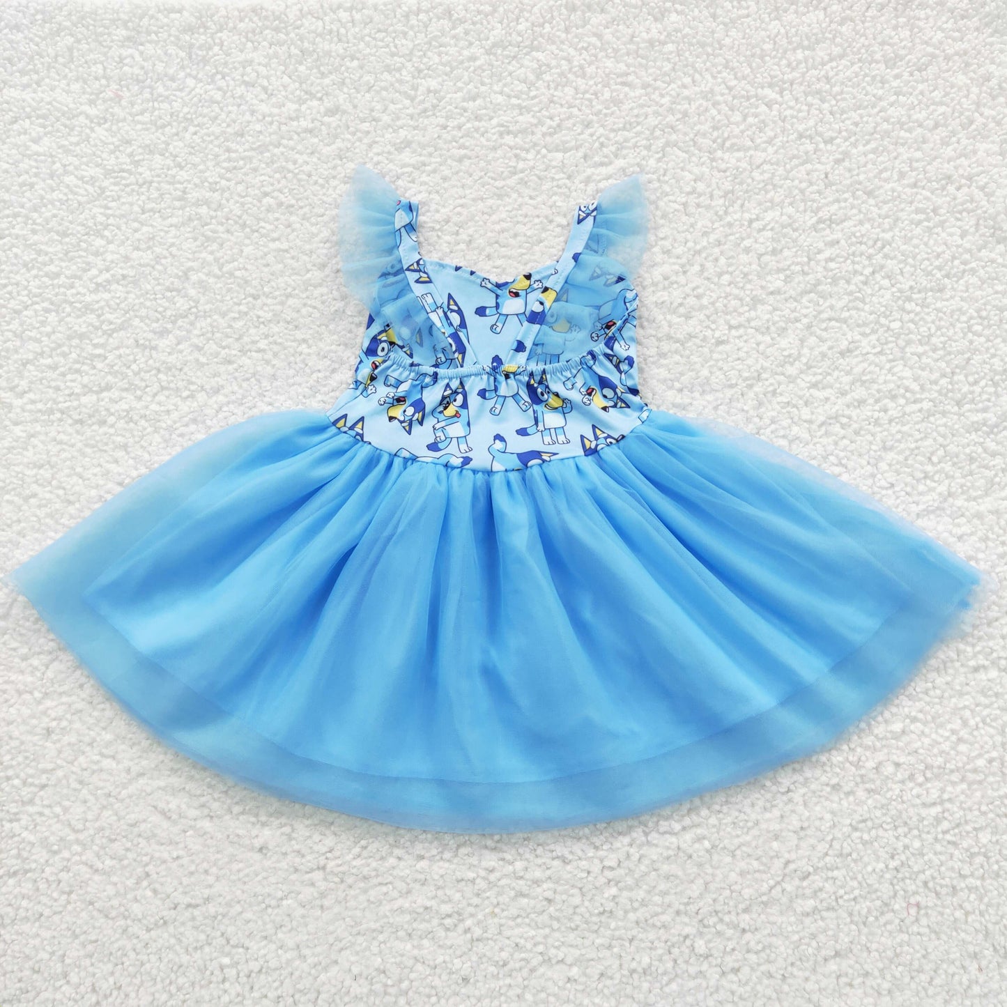 Baby girls short sleeve blue dog cartoon tulle dress
