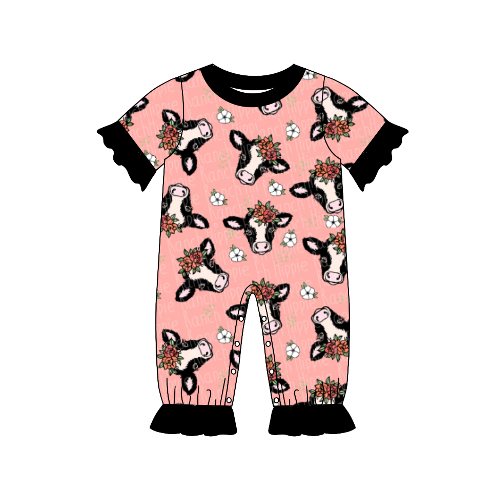 Pre-orde girls short sleeve cow flower print romper, SR0146, Nov 10th