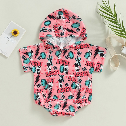 Pre-orde Howdy cactus western cow hoodie  romper, SR0266, Jan 13th