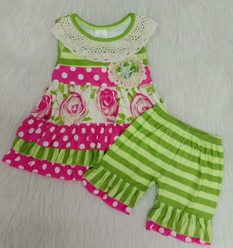 Gilrs green stripes floral print summer outfit