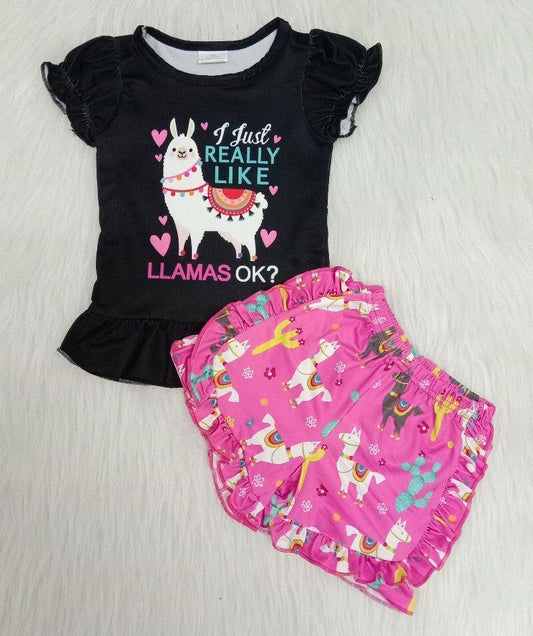 girls llama design short set