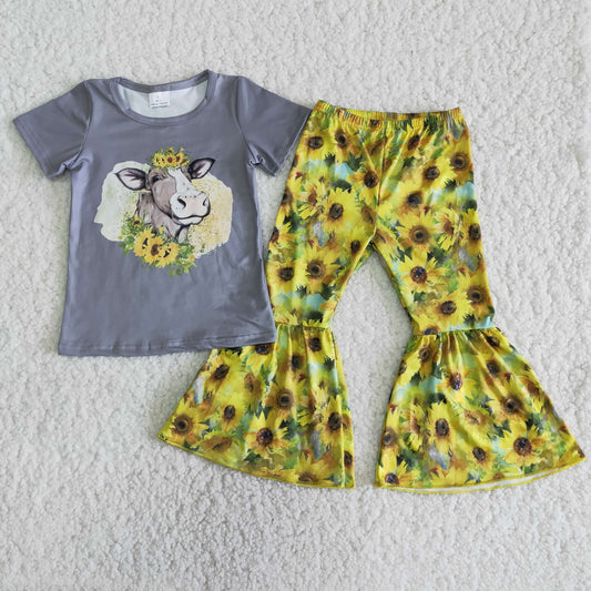 girls short sleeve heifer t-shirt sunflower pants outfit