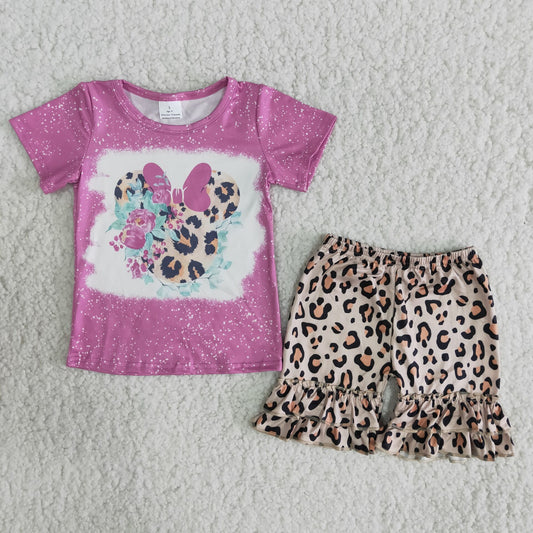 Girls  bleach cartoon top leopard ruffle shorts summer outfit