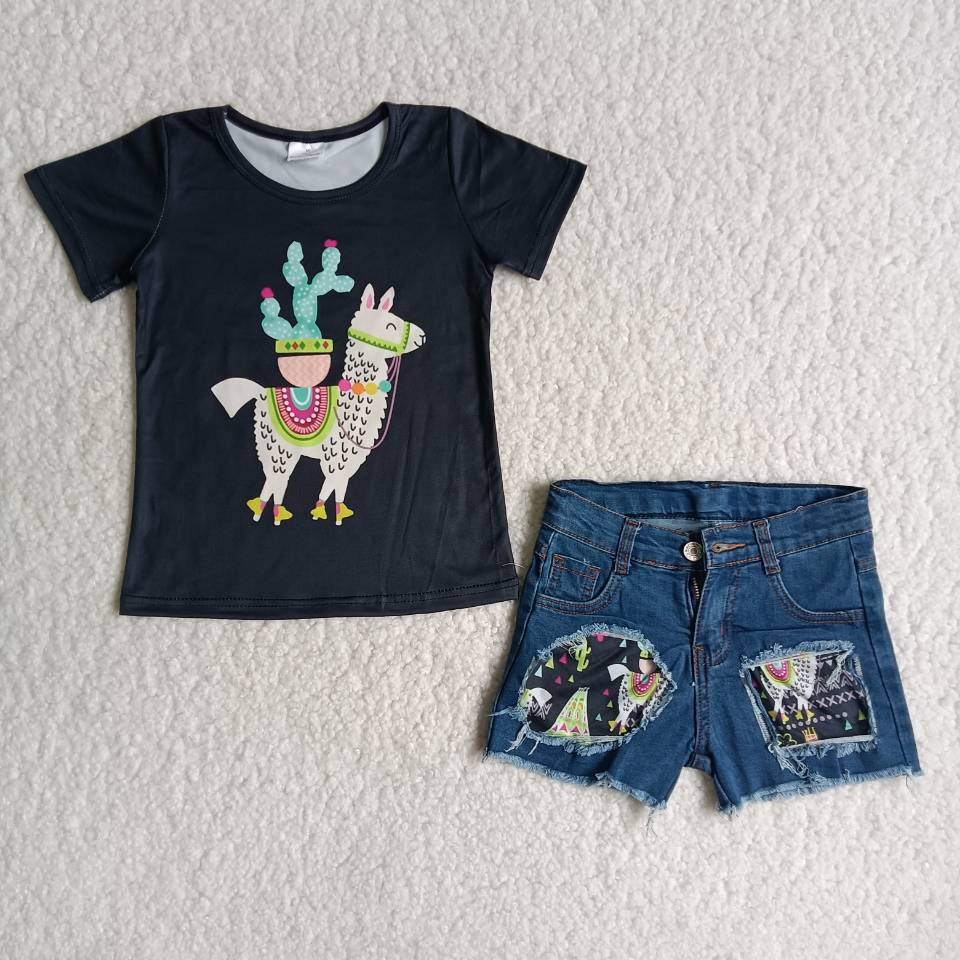 girls llama print top denim pants 2pcs outfit