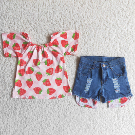 girls short sleeve strawberry top denim shorts outfit