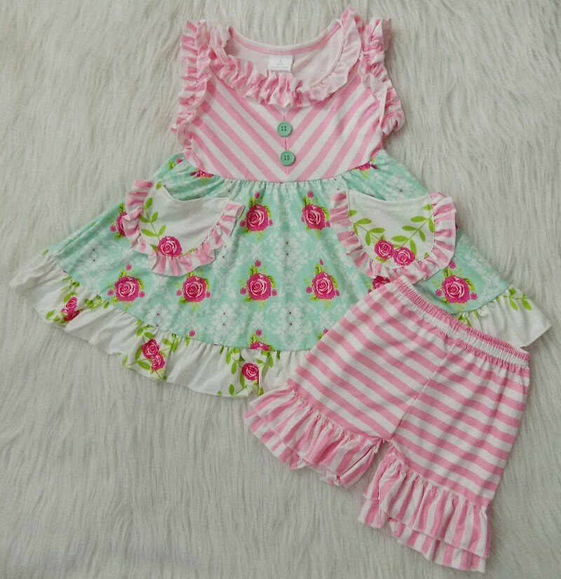 Aqua & Pink Stripe Floral Tunic Shorts Outfit baby clothes