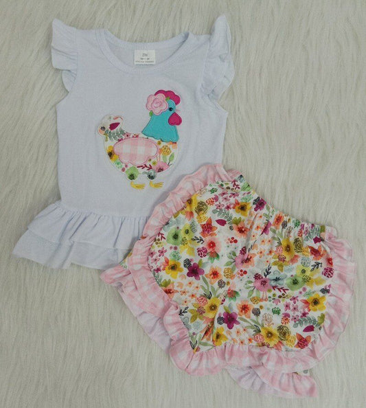 Girls  embroidery chicken summer short set