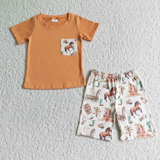 kids boy short sleeve pocket top horse print shorts western outfit