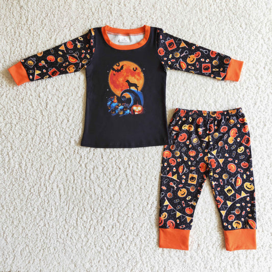 baby boy long sleeve Halloween pumpkin bat pajama set