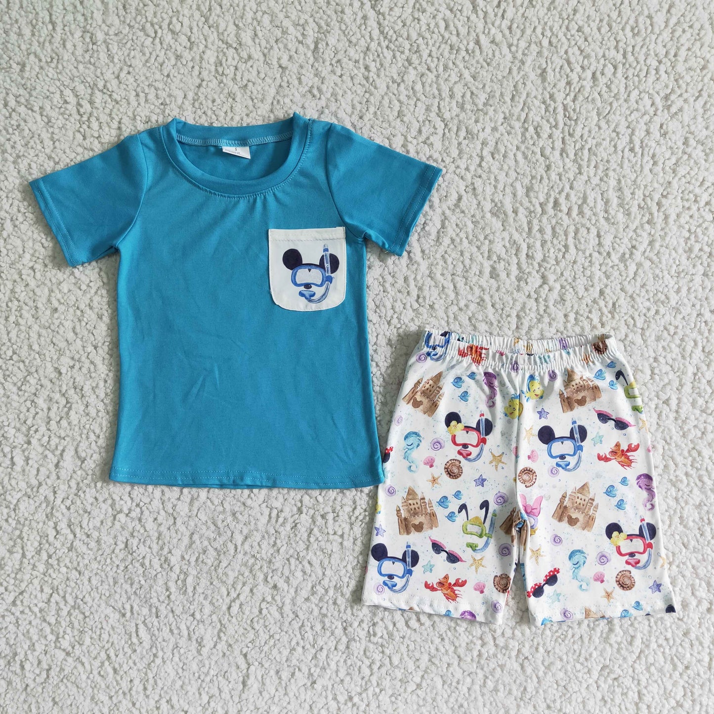 Boys  blue pocket top cartoon shorts summer short set