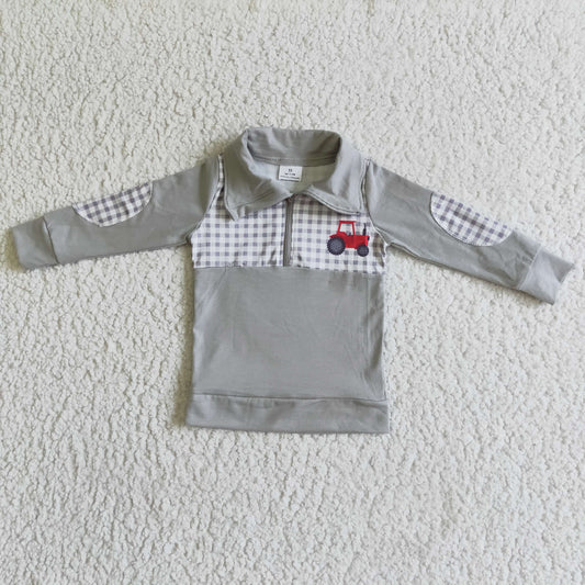 baby boy long sleeve tractor print grey pullover