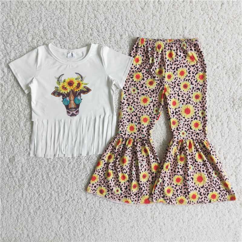 Baby girls  cow tassel top sunflower bell bottom pants outfit