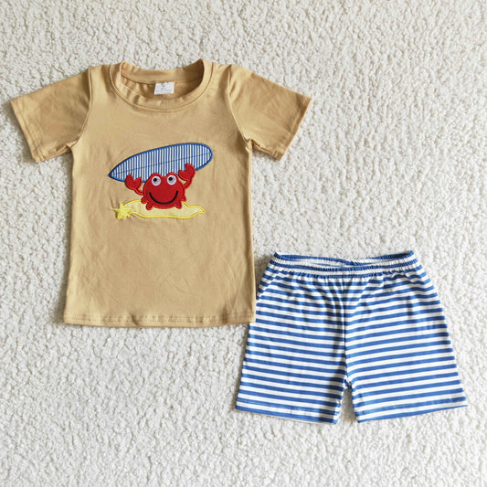 Boy embroidery crab design summer short outfit