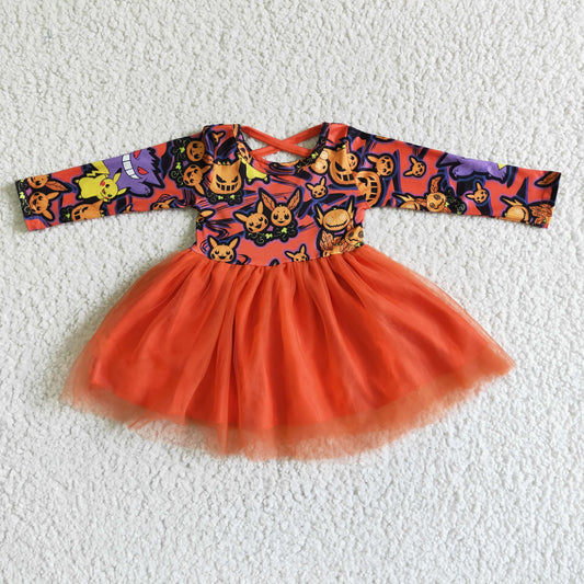 Baby girls kids long sleeve Halloween cartoon print tulle dress
