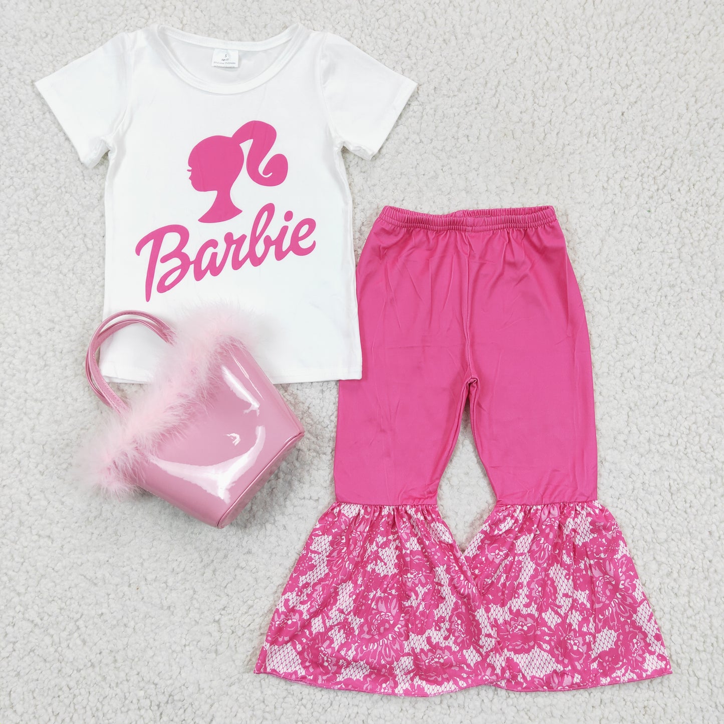 Girl doll print set and pink bag 3 pcs set