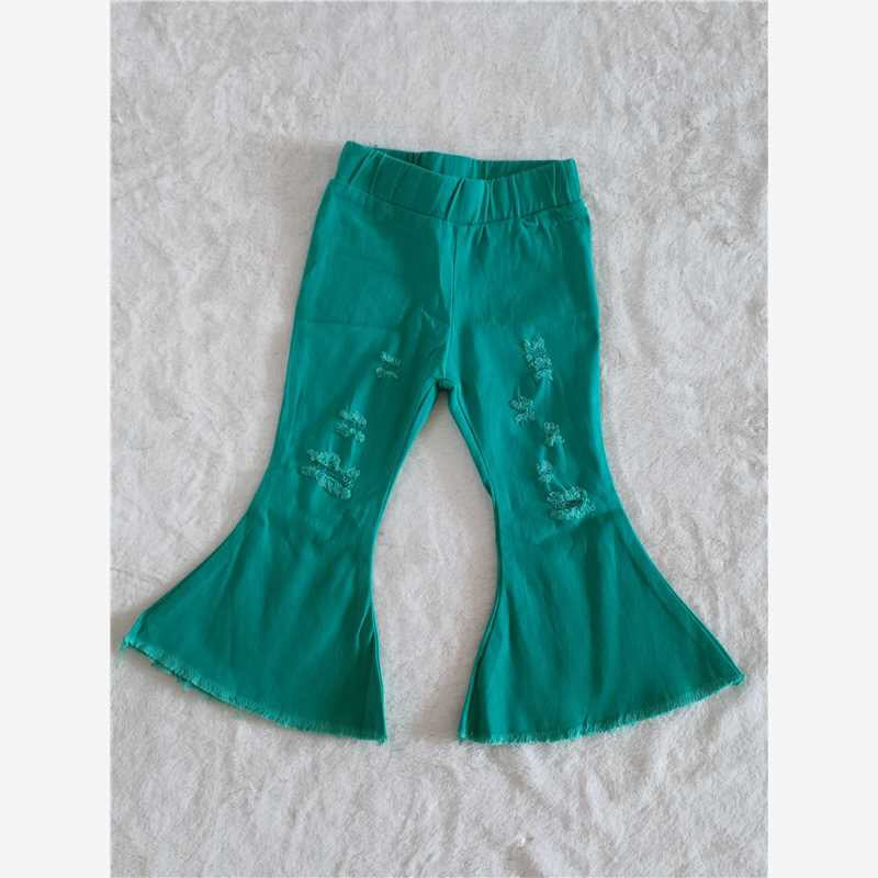 Girls green denim pants， C14-31