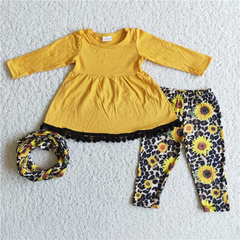 Baby girls sunflower 3pcs outfits with scarf
