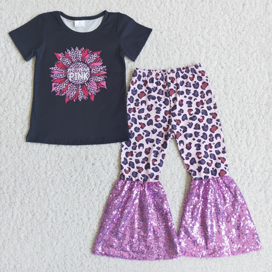 Baby girls sunflower top leopard pants with sequins ruffle  outfit