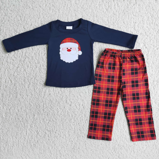 Boys Embroidery Santa print long sleeve top matching pants outfit