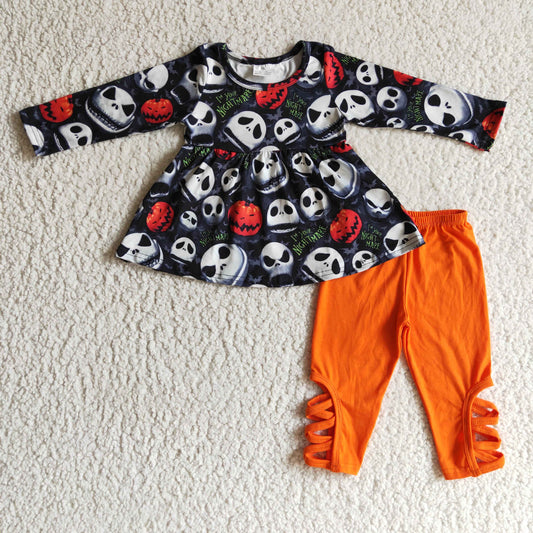 girls long sleeve skull pumpkin tunic top orange cross pants Halloween outfit