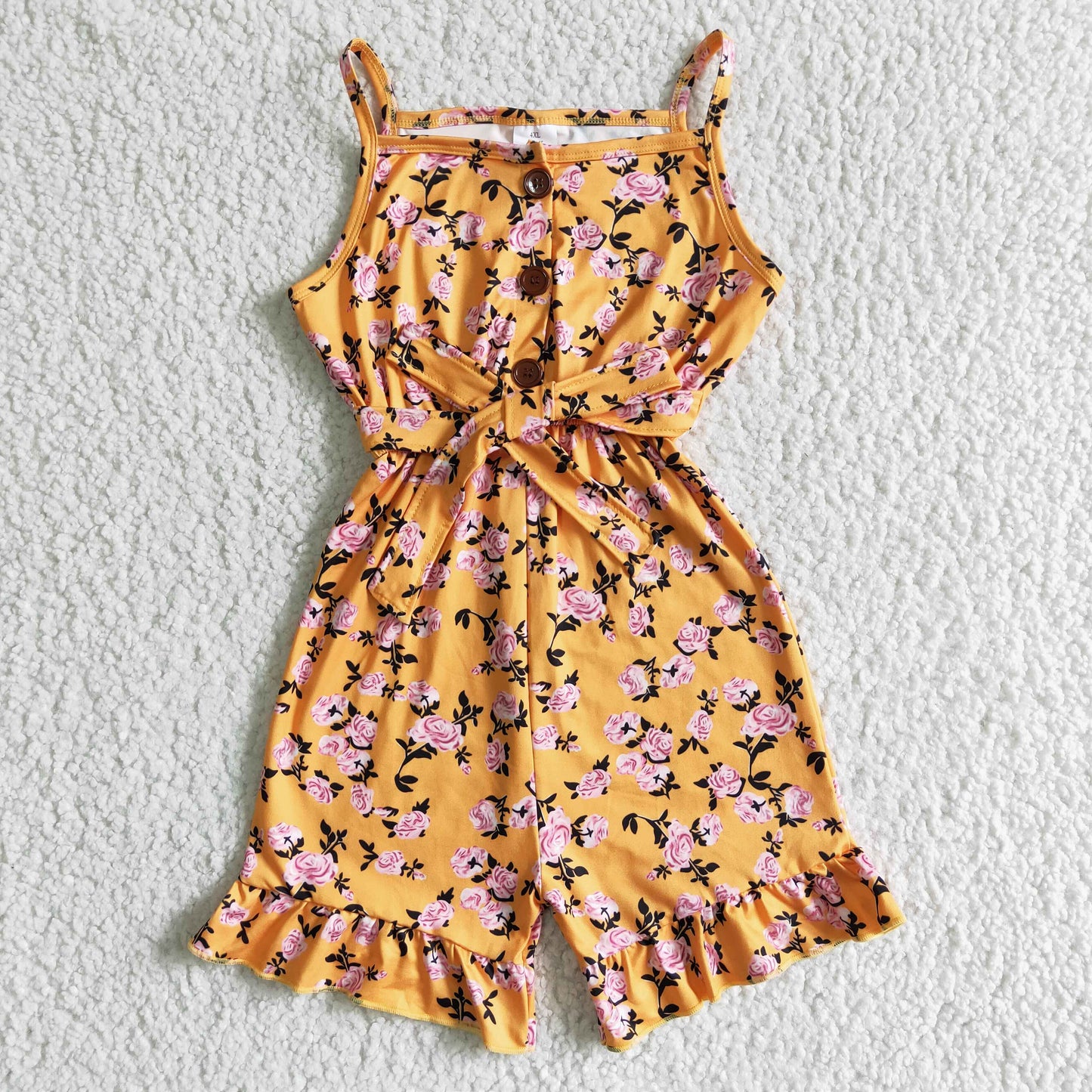 baby girls yellow floral print jumpsuit with sash SR0005