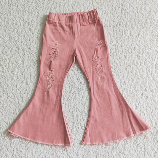Girls pink distressed denim flare pants