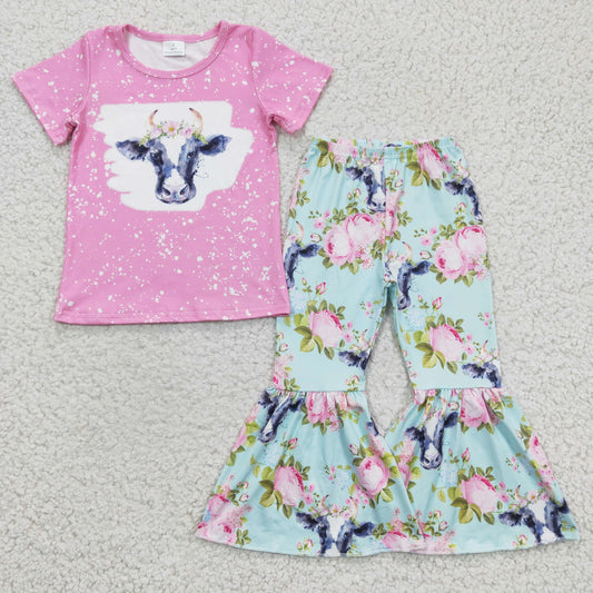 GIRLS short sleeve cow top floral pants outfit,  GSPO0395