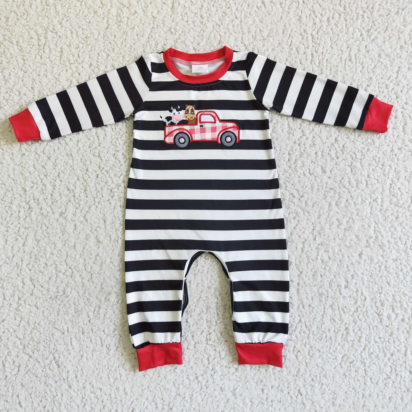 boy farm trunk long sleeve romper