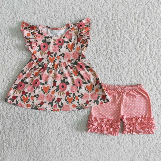 girls pink floral short set