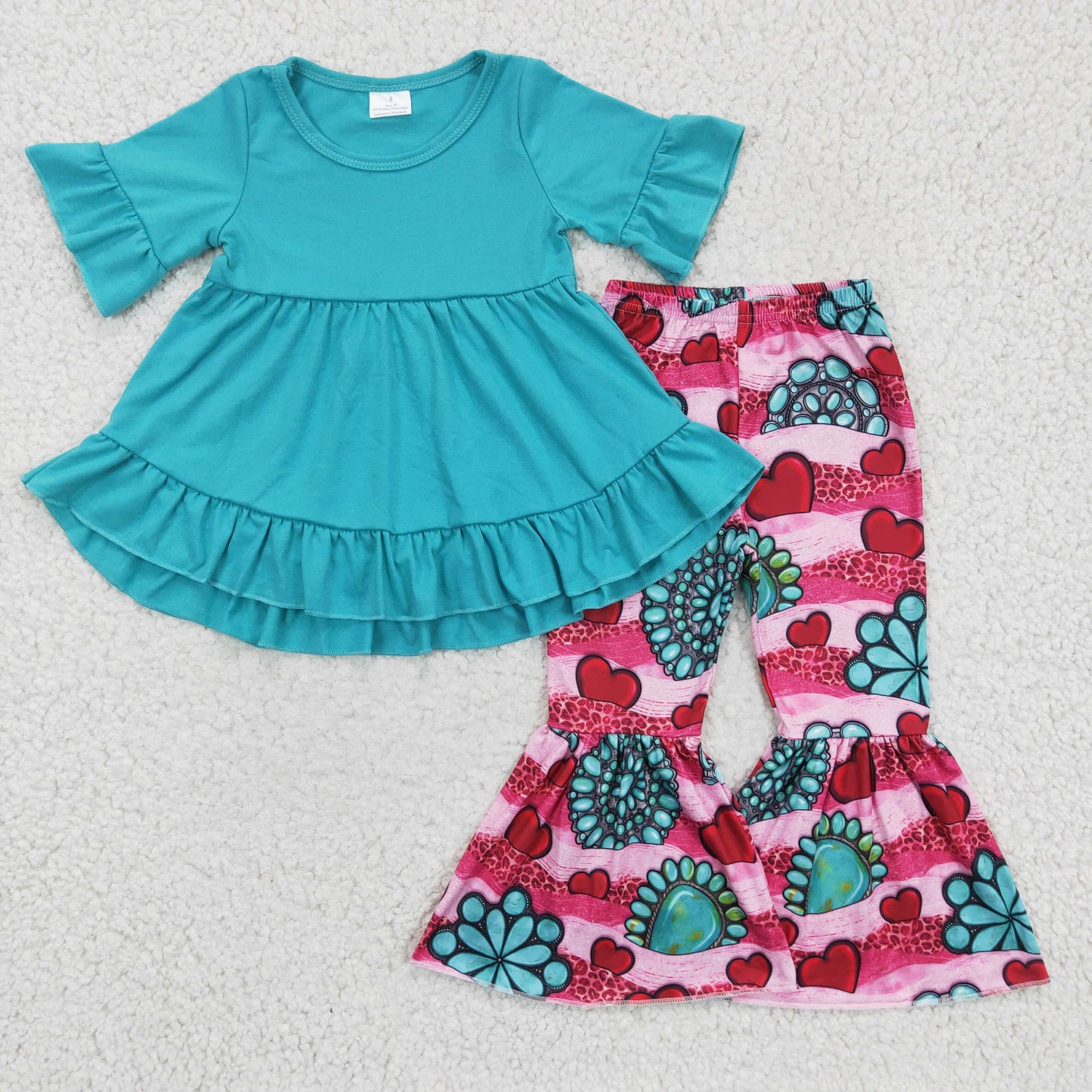 girls turquoise top heart print pants outfit GSPO0237