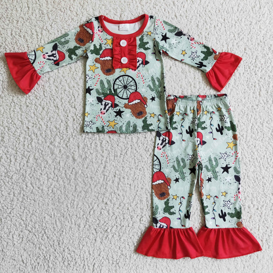 girl long sleeve Christmas highland cow pajama set,GLP0320